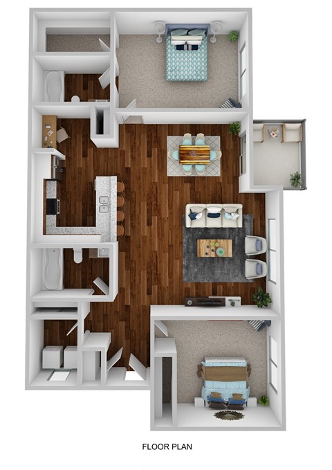 Floor plan for 2 beds, 2 baths, 1077 sqft